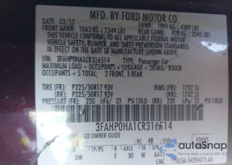 2012 Ford Fusion Se из США, поврежденный, VIN 3FAHP0HA1CR316514